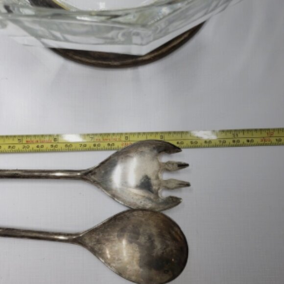 Vintage Elegant Glass Bowl  Plated Base Salad Serving Fork Spoon - Picture 15 of 16